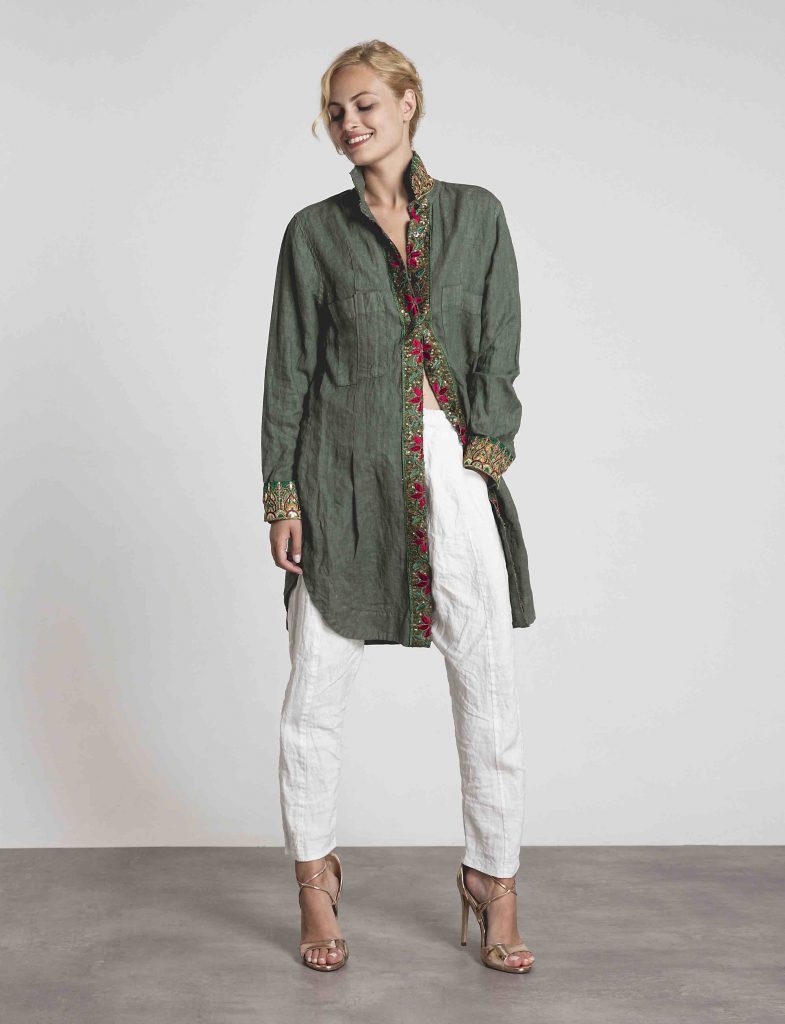 Khaki linen shirt dress with embroideries - dassios creations